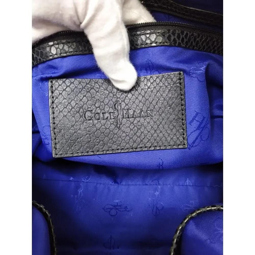 Cole Haan Black Leather Snakeskin Embossed Double Handles Satchel Bag
